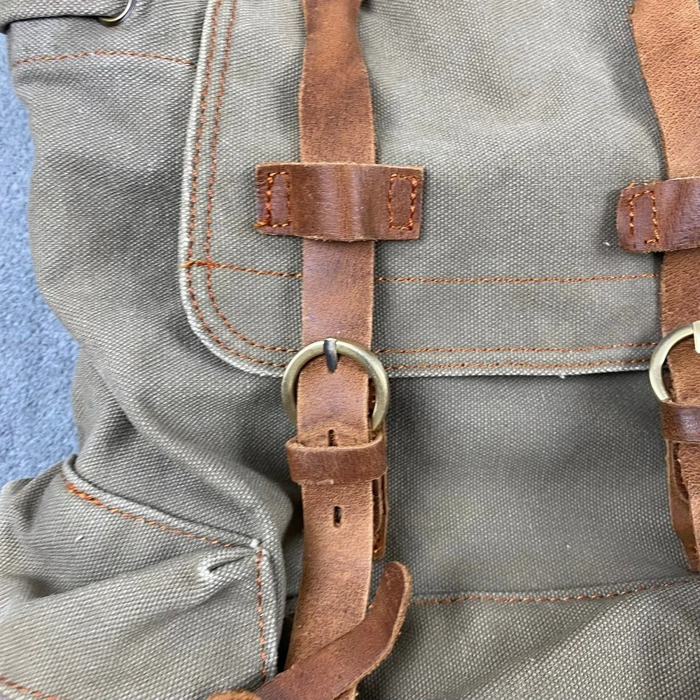 Aukmont Womens Large Backpack Olive Green Canvas Leather Straps Rucksack Vintage
